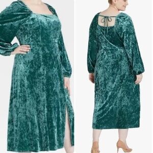 Ava & Viv Crushed Velvet Velour Square Neck Midi Dress in Emerald Green Sz 2X